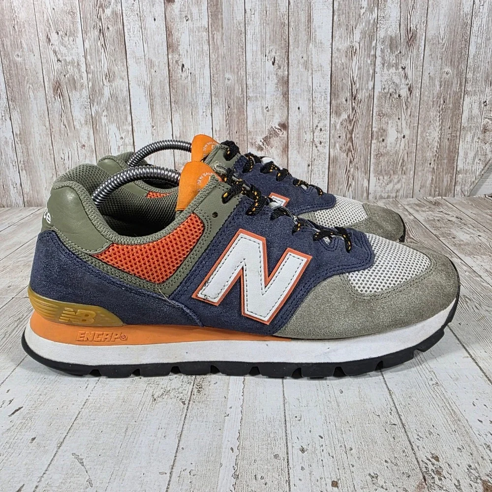 New Balance 574 Mens Navy Olive Orange Suede Sneakers ML574DJA Size 10